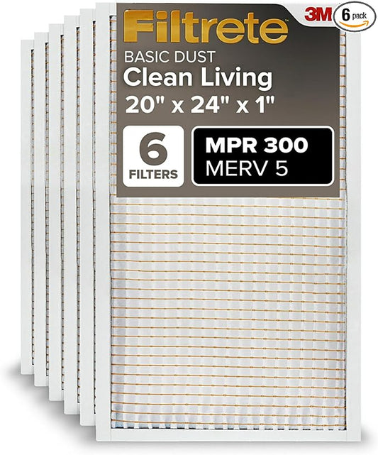Filtrete 20x24x1 AC Furnace Air Filter, MERV 5, MPR 300, Capture Unwanted Particles, 3-Month Pleated 1-Inch Electrostatic Air Cleaning Filter, 6-Pack (Actual Size19.81x23.81x0.81 in)