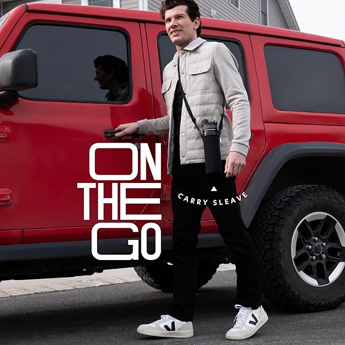 Insulated Water Bottle with Straw and Handle 22 oz-Stainless Steel Water Bottles with Straw, Dual Cap Function & Sleeve, Keeps Drinks Hot Up to 12 Hours & Cold Up to 24 Hours (Black)