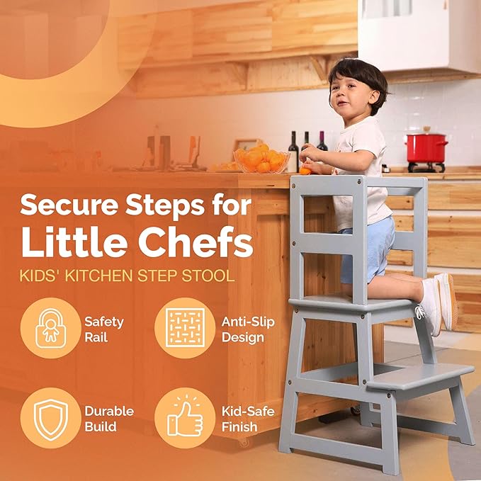 SDADI Kitchen Step Stool for Toddlers and Kids Ages 18 Months to 3 Years Old with Adjustable Height and Solid Wood Railings, Gray