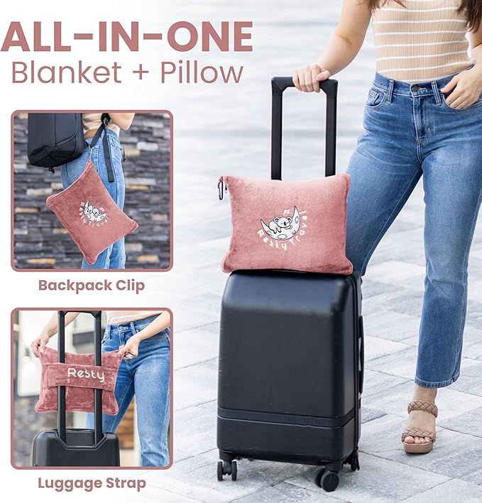 Resty Travel Blanket - Compact Airplane Blanket with Bag - Small and Lightweight Traveling Blanket & Pillow - Portable Blankets with Carabiner for Easy Transport - Plane Train Car (Pink)