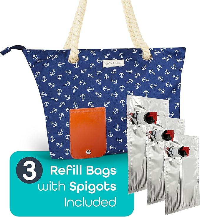 Wine Tote Bag, Insulated Leakproof Wine Cooler Bag with Nautical Rope Strap | 3x 1.5 Liters Beverage Bag Included