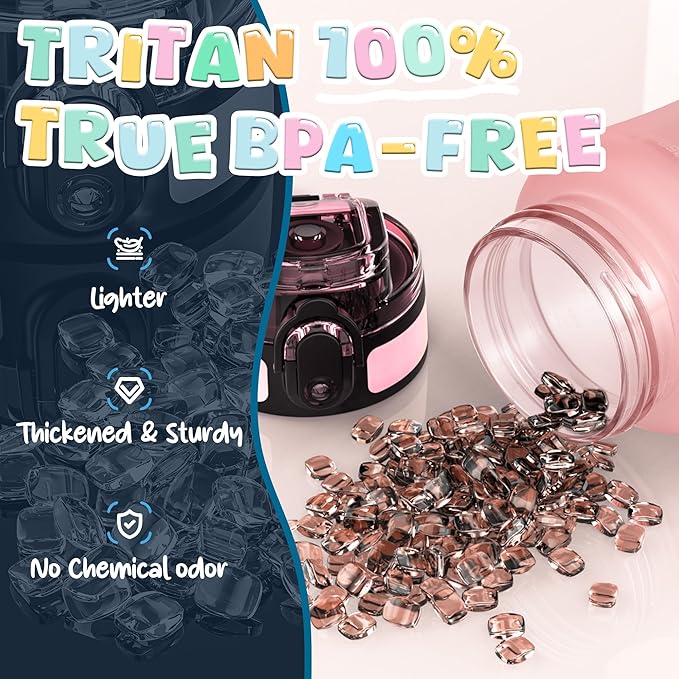 OLDLEY Kids Water Bottle for School, 12 oz (2 lids) BPA-Free Reusable Leak-proof Durable Tritan Plastic Bottles with Straw & Chug Lids, Anti-dust Spout Cover (Pink Blue)