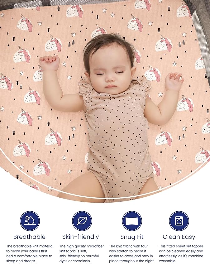 TotAha Premium Soft Unicorn Pack n Play Sheets, Super Stretchy Jersey Knit Mini Crib Sheets Fitted, Silky Comfort Graco Pack and Play Mattress Sheets, 2 Pack