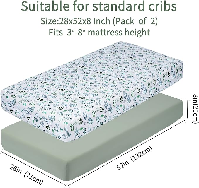 Baby Crib Sheets for Boys Girls, 2 Pack Fitted Crib Sheet for Standard Crib and Toddler Mattress, Soft Microfiber Baby Sheet 52x28x8in (Leaf & Green)