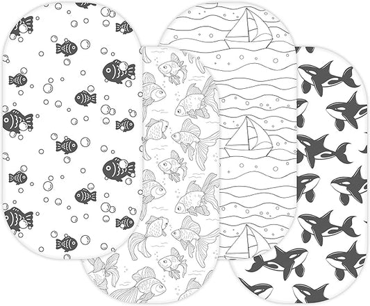 TansyPanda Bassinet Sheets for Baby Delight Snuggle Nest, Chicco LullaGo, Snoo Smart, Fisher Price, 4PC, 30 x 18 Inch, Ultra Soft, Breathable, Snug Fit, Unisex Boys Girls, Gray White (Ocean Fish)