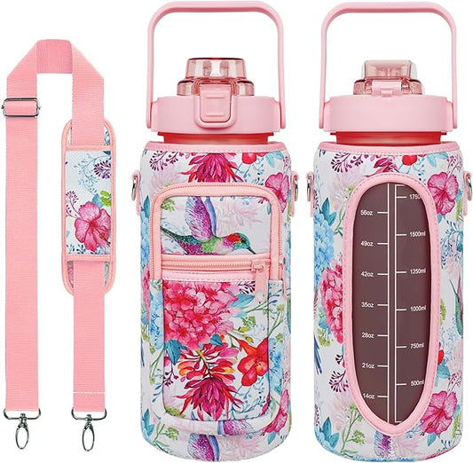 Hummingbird Half Gallon Water Bottle with Sleeve Water Bottle 64 Oz Water Bottle with Time Marker, Leakproof-Free Drinking Water Bottle, Sports Water Bottle Half Gallon Water Jugs