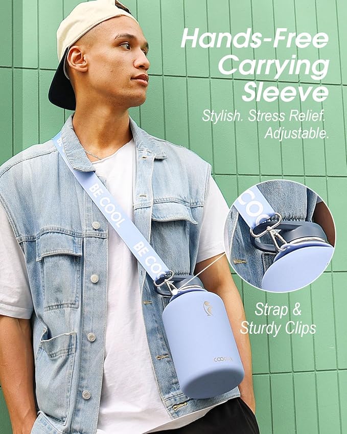 Coolflask 64 oz Water Bottle with Strap, Insulated Half Gallon Large Water Jug with Straw & Spout Lids, Stainless Steel Metal Flask, Keep Cold 48h Hot 24h, Leak Proof & Non-BPA, Dutch Blue