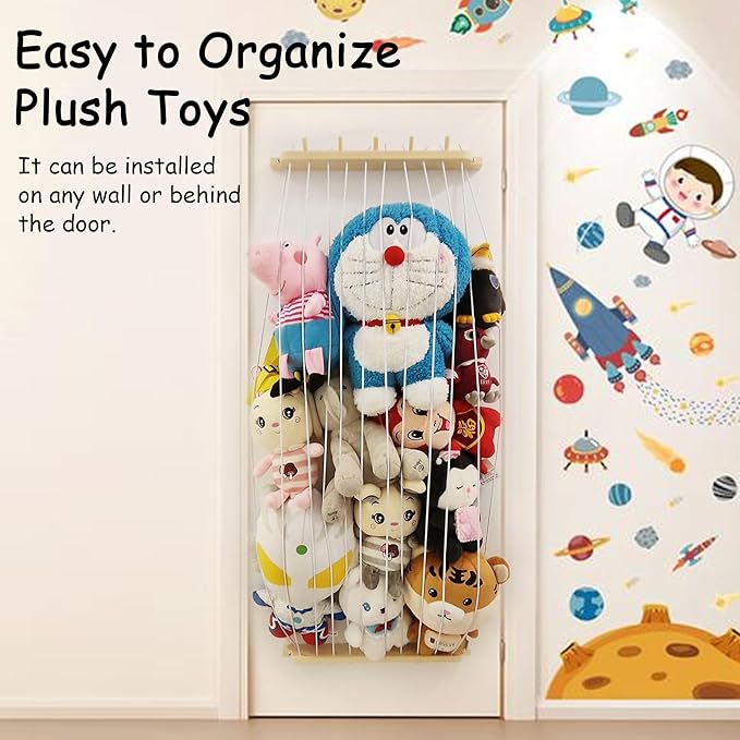 Stuffed Animal Storage Wood Plush Toys Holder with Hooks, Length Adjustable Hanging Stuffed Animal Toy Organizer Shelf for Nursery Kid Room Play Room Bedroom