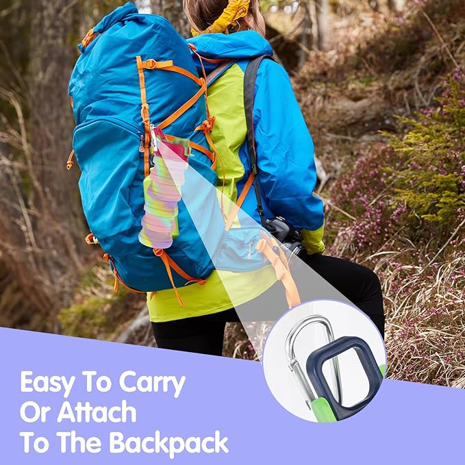 MAQUITA 4 Pcs Collapsible Water Bottles 16 oz Portable Foldable Water Bottles Silicone Leak Proof Travel Water Bottle Reusable Sports Water Bottle with Metal Clip for Camping Hiking Travel