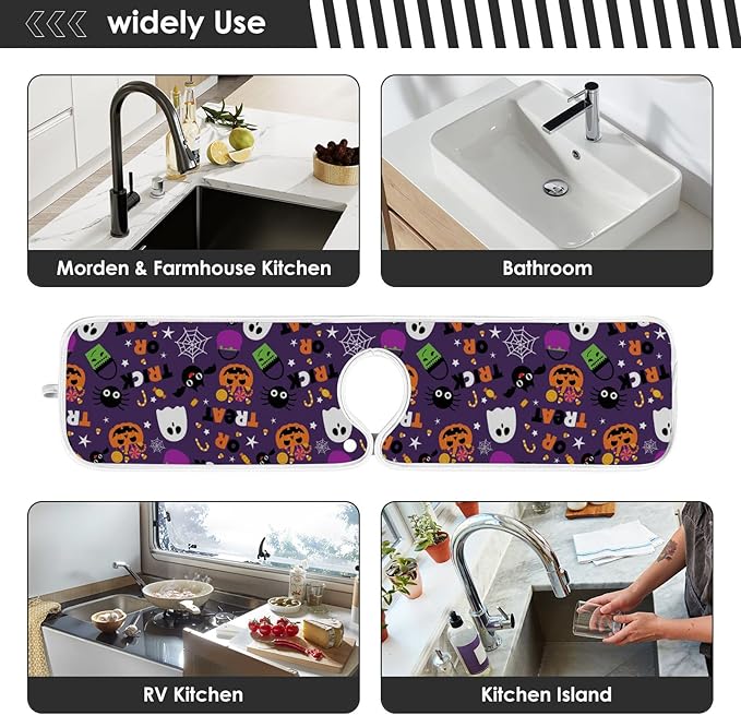 Happy Halloween Purple Faucet Sink Mat for Kitchen 2 Pack Spooky Ghost Pumpkin Bat Witch Bathroom Drying Mat Absorbent Splash Water Catcher Mats Microfiber Cloth Drip Protector Splash Pad 23x5 Inches
