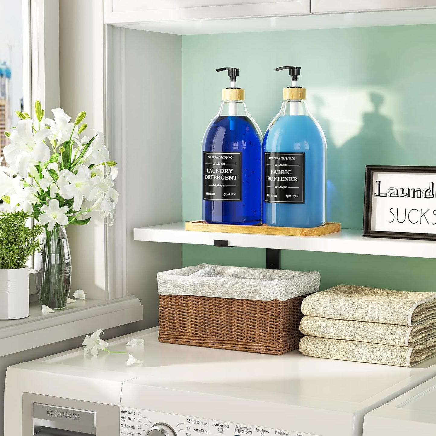 Moforoco Liquid Laundry Detergent Dispenser with Bamboo Tray, 2 Pack 64 Oz Plastic Laundry Soap Dispenser, Fabric Softener Dispenser with Pump and Labels for Laundry Room Decor and Organization