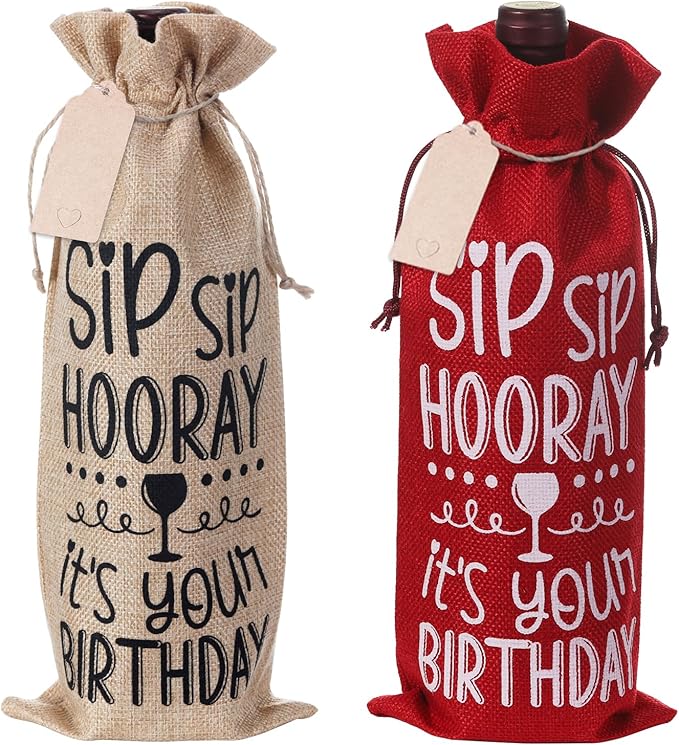 SIRIPHUM Burlap Wine Bags,2PCS Birthday Wine Bottle Gift Bags,Drawstring,Gift Tags,Bottle Cover Tabletop Birthday Party Decor (“Sip Sip Hooray”-2 Colors)