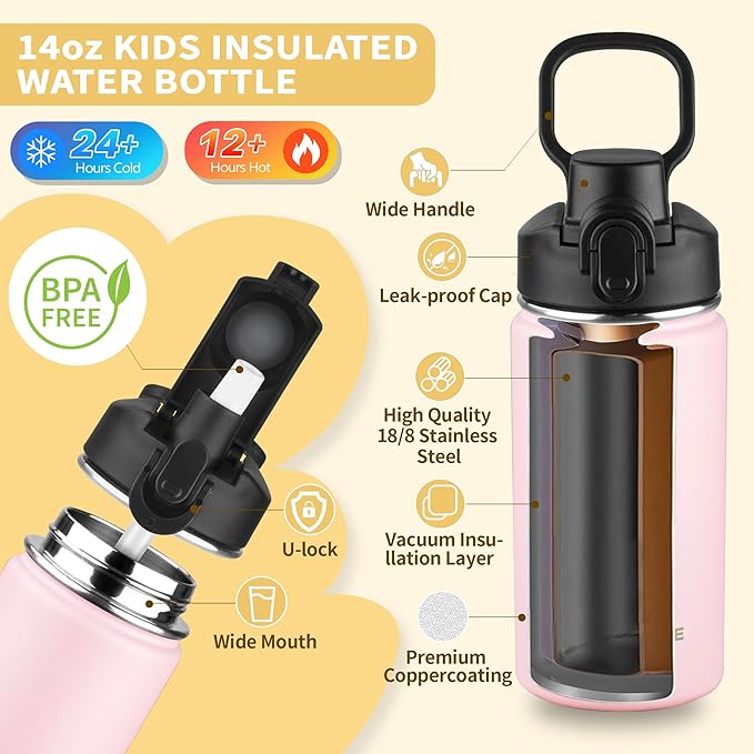 Kids Insulated Water Bottle with Straw,14oz Stainless Steel Water Bottle,BPA-free and Leak-proof,Double Wall Vacuum Water Flask for School,Gifts for Boys and Girls（14oz,Pink）
