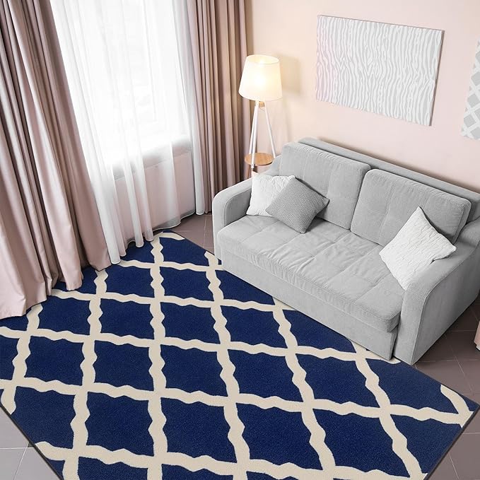 Machine Washable Moroccan Trellis Design Non-Slip Rubberback 5x7 Traditional Indoor Area Rug for Living Room, Bedroom, Dining Room, 5' x 6'6", Navy