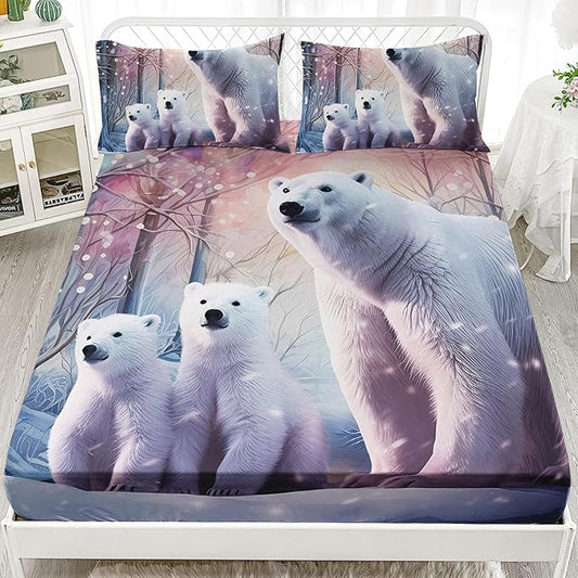AILONEN Polar Bear Fitted Sheet Set Full Size, Arctic Animals Bedding Winter Snow Bear Kawaii Kids Bed Sheet with 2 Pillowcases,3 Pieces Full Fitted Sheet Set for Girls Boys