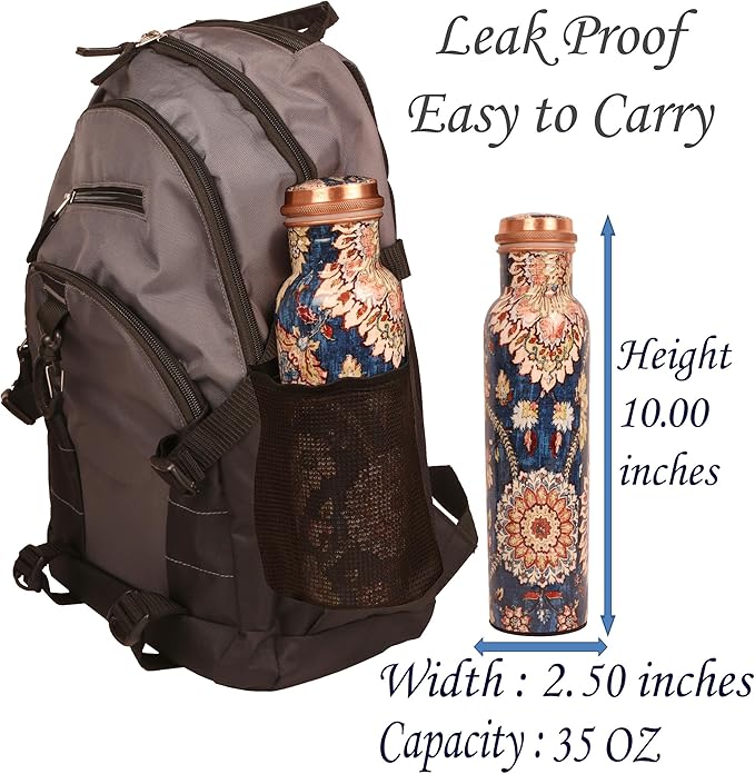 Pure Copper Water Bottle - Handcrafted - Ayurveda health benefits - Large 35 oz - Leak proof - Easy to carry for Sports, Fitness, Yoga, School - Indigo Blue Base Floral Patterns Enamel