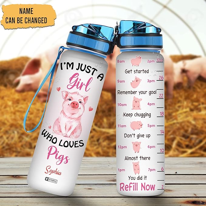 Hyturtle Personalized I'm Just A Girl Who Loves Pigs 32Oz Liter Motivational Water Bottle, Customized Name With Time Marker, Gift For Women Girls Friends Kids Pig Lovers On Birthday Mother's Day
