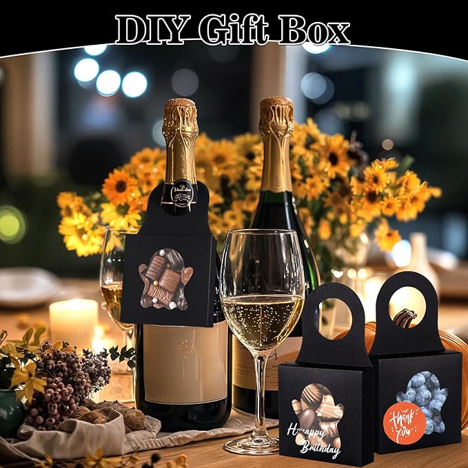 Megitzuu 30PCS Wine Bottle Box with Window, Kraft Paper Wine Boxes for Halloween Gifts Hanging Pumpkin Treat Box Mini Charcuterie Boxes Wine Bottles Gift Bags Goodies Candy Box Party Favor (Black)