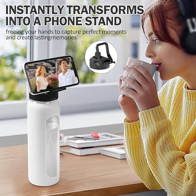 Glass Water Bottles with Straw -32oz- Water Bottle Phone Holder for Gym Large Motivational Water Bottle with Time Marker Glass Drinking Bottles 2 Lids - Spout & Bamboo Straw Lid(White)