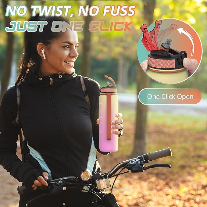 32 oz Water Bottle with Time Marker Leak-Proof & BPA Free Reusable Gym Water Bottle Easy to Carry Motivational Water Bottle for Fitness, Sports, Cycling (Orange & Light Green Green Head)