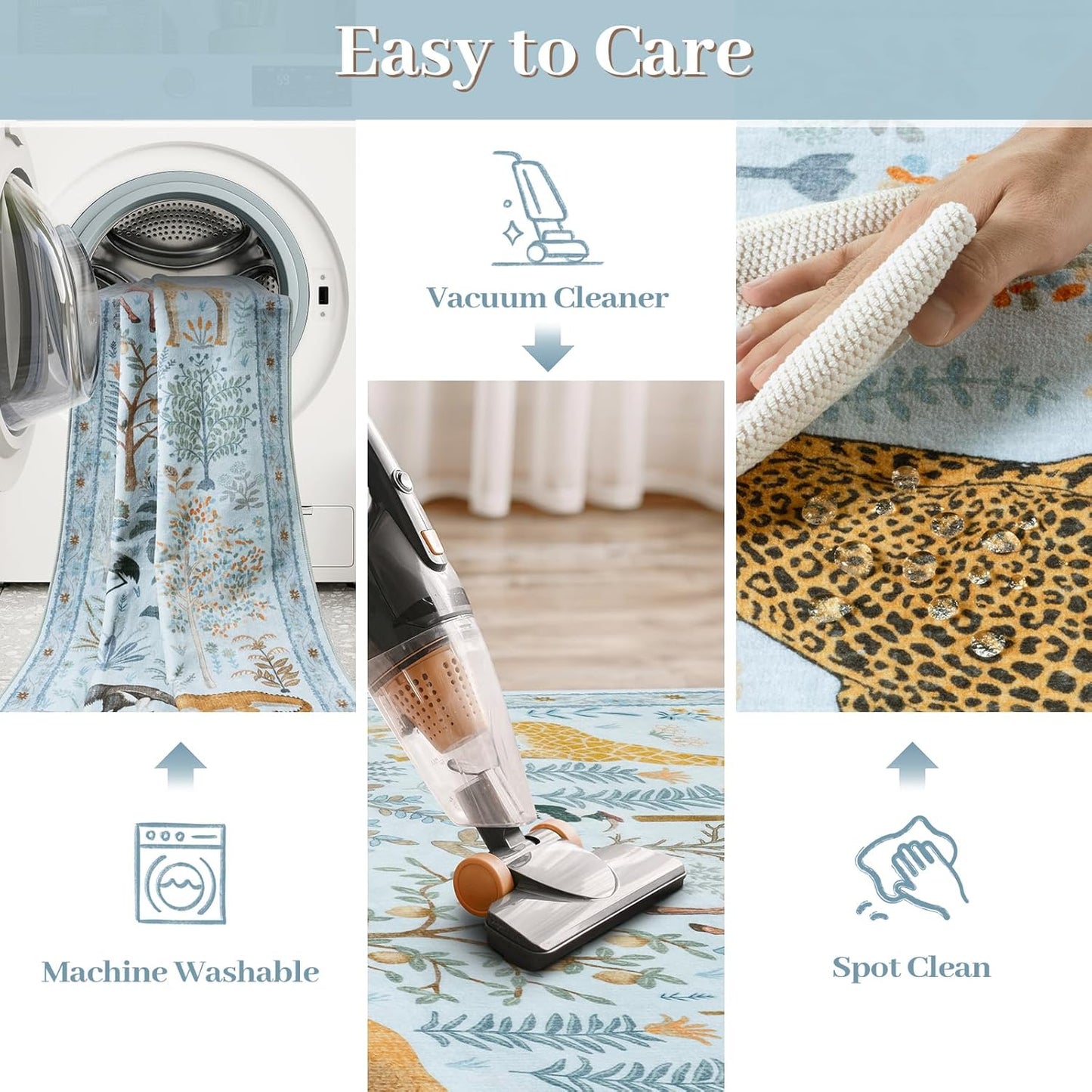 OJIA Animal Area Rugs 8x10, Soft 8x10 Washable Rugs for Living Room Bedroom, Non-Slip Boho Ultra-Thin Dining Room Rug Large Throw Carpet for Farmhouse Playroom Office, Light Blue