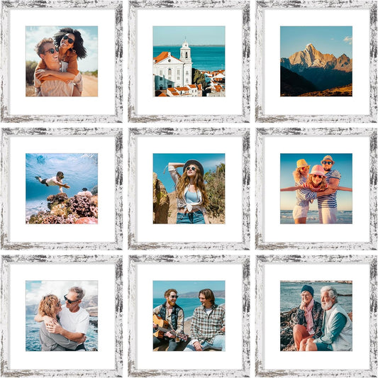 Vittanly 12x12 Picture Frames Set of 9, Shatter Resistant Plexiglass, Display 8x8 Pictures with Mat or 12x12 without Mat, Photo Frames for Wall Mount, Engineered Wood, Distressed White