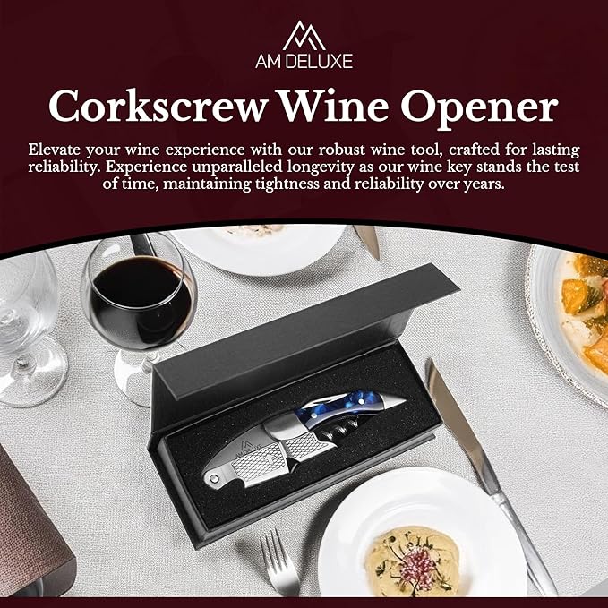 Premium AM DELUXE Waiters Corkscrew Wine Opener - Wine Key For Servers Bartenders, Heavy Duty Stainless Steel & Resin Inlay, Serrated Foil Cutter, Cork Screw Wine Bottle Opener. Magnetic Gift Box
