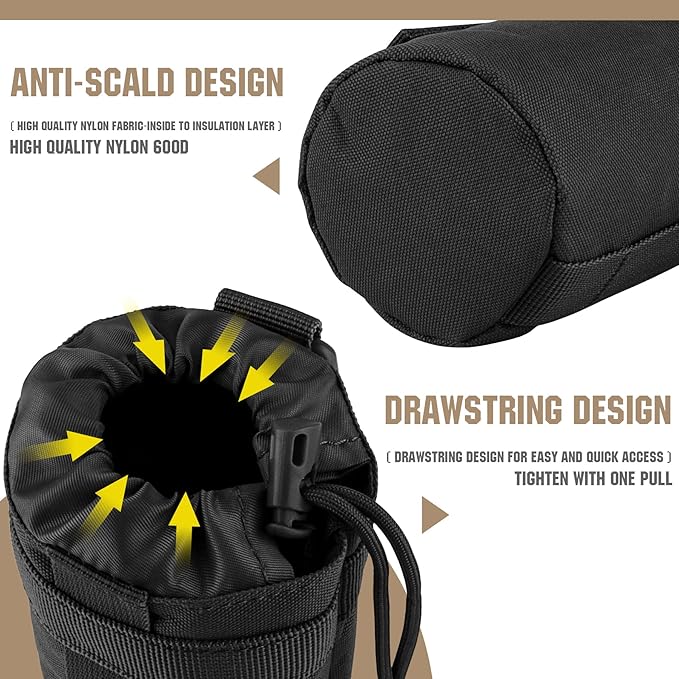 IronSeals Adjustable Tactical Water Bottle Pouch Foldable MOLLE Water Bottle Holder Drawstring Open Top Travel Water Bottle Bag