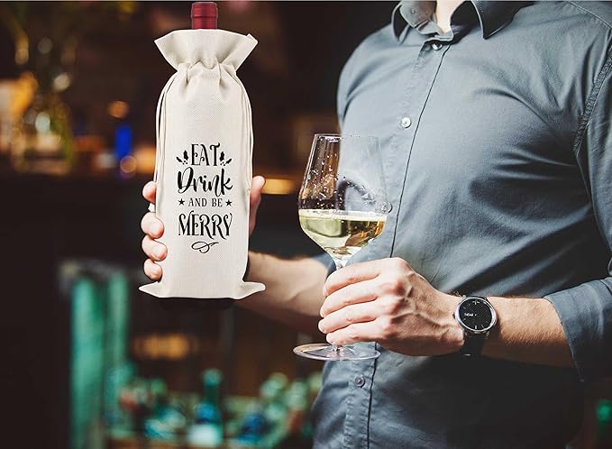 Eat Drink And Be Merry Wine Bag Gifts,Christmas Party Wine Bag,Party Favor Bag,Wine Bag Gift for Friends,Sisters,Besties,Colleagues,Family,Daughters,Sons,Reusable Wine Bag With Drawstring,L49