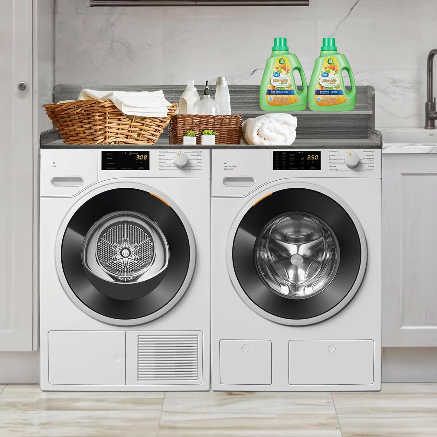 Royxen Laundry Countertop with 2-tier Shelf Universal Fit, Washer and Dryer Countertop with Storage Space, Shelf Height 11.5 Inches, Solid Wood, Eucalyptus