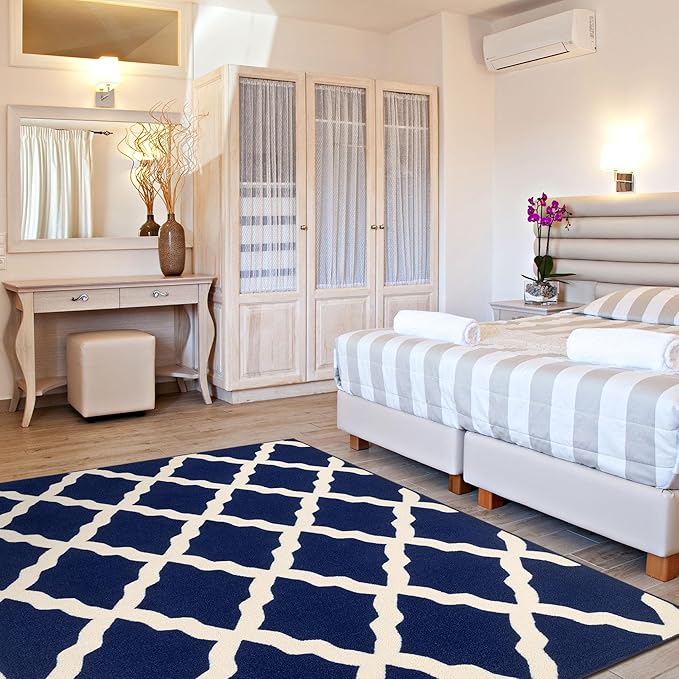 Ottomanson Glamour Collection Non-Slip Rubberback Moroccan Trellis Design 5x7 Indoor Area Rug, 5' x 6'6", Navy