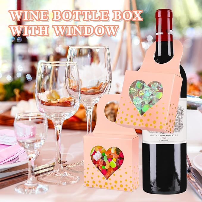 ISKYBOB 25 Pieces Wine Bottle Box with Window, Kraft Paper Wine Boxes for Gifts Hanging Wine Bottle Gift Box Foldable Wine Bottle Hanger Favor Box for Holding Candy Truffles Chocolate Cookies (Pink)