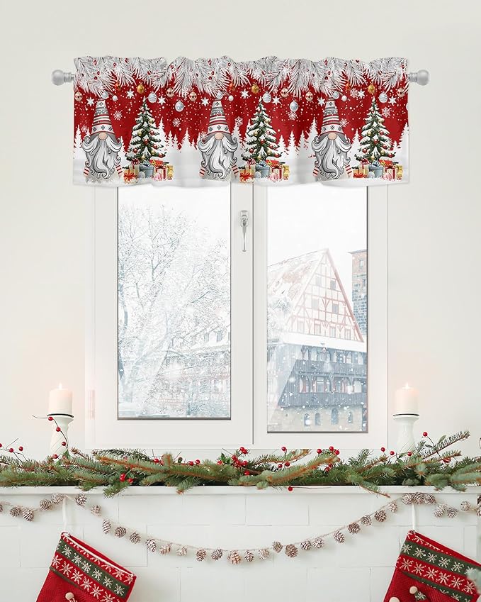 Christmas Gnome Valance Curtains for Kitchen Windows Winter Merry Christmas Tree Balls Rod Pocket Window Treatment Toppers for Kitchen/Living Room/Bedroom/Bathroom, 42" X 18", Red