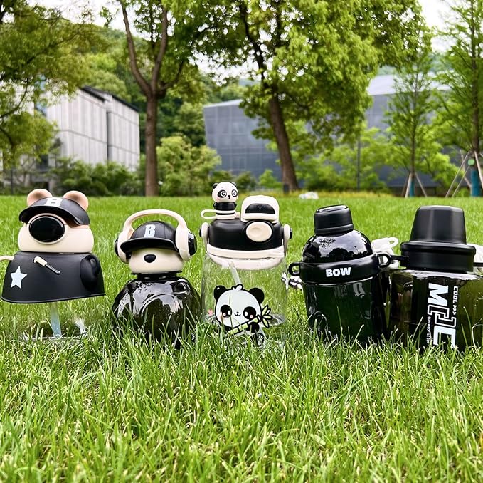 Black Leak-Proof Water Bottle with Flip Top Reusable Plastic Drinking Bottle for School, Gym and Workout (Bear with Earphone)