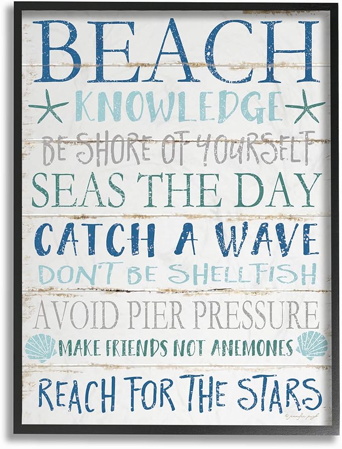 Stupell Industries cwp-367 Beach Knowledge Blue Aqua and White Planked Look Sign Wall Art, 11 x 14, Black Framed