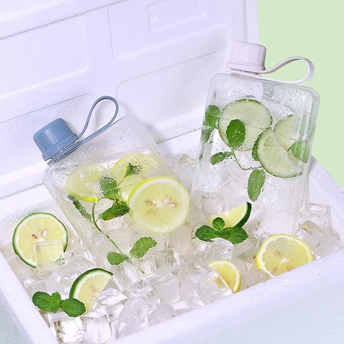 Tritan Transparent Flat Water Bottle samll Water Bottle Slim Square Pocket Bottle Water Flask, BPA Free/Slim Design/Leak Proof Water Bottle for Travel, Outdoor, Sports (Light Blue, 320ML)