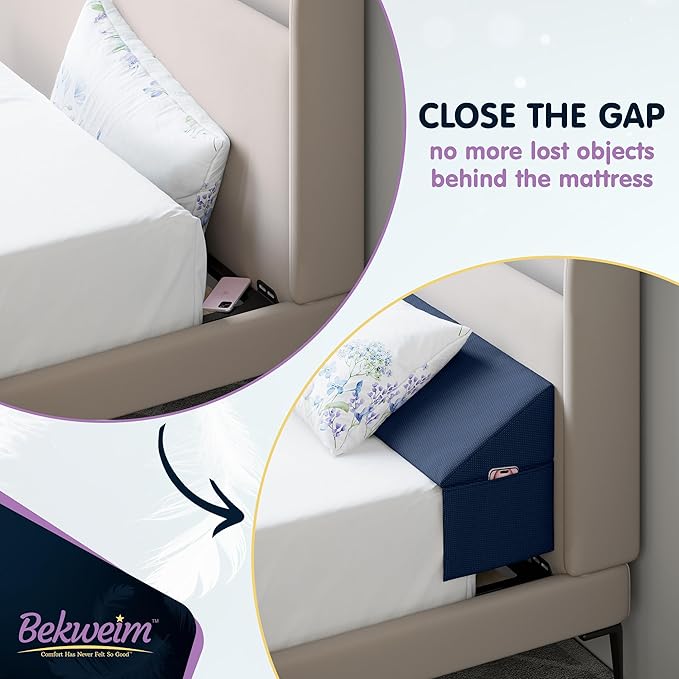 Wedge Pillow Headboard Bed Gap Filler Full - Headboard Pillow Full Size 54 X 10 X 6 - Long Pillow for Bed Wedge Gap Filler with Large Pocket for Bed Accessories - Mattress Gap Filler (Navy)