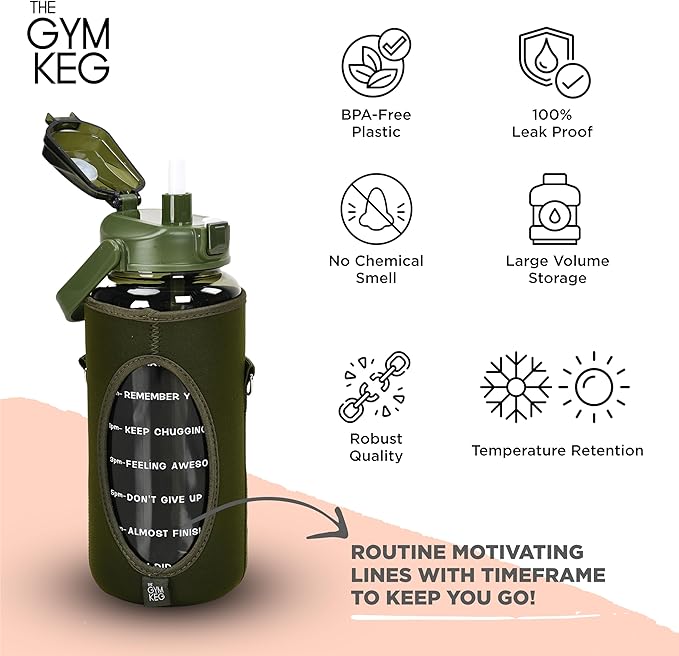 THE GYM KEG Water Bottle with Carrier - Sweat-Proof and Durable Silicon Bottle with Neoprene Sleeve - 74 oz Capacity - Hands-Free Storage Pockets - Water Bottle with Sleeve and Strap - Forest Green