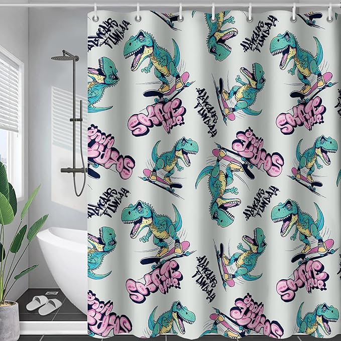 AILONEN Cute Dinosaur Kids Shower Curtain,Sport Cool Dinosaur Bath Curtain Gifts for Boys Teens,Skate Dinosaur Polyester Waterproof for Bathroom with 12 Plastic Hooks 72" W*84" H