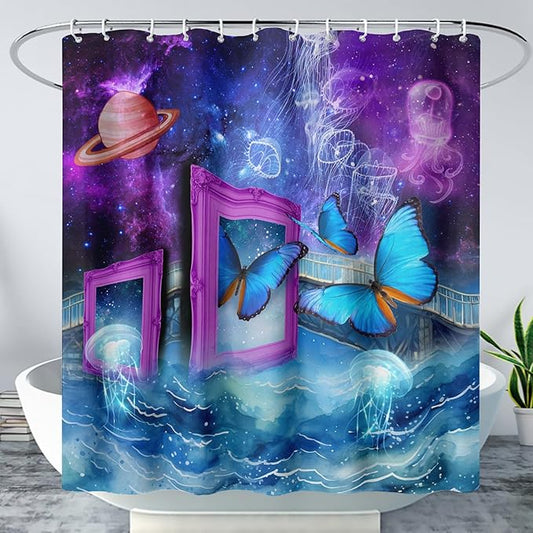 AILONEN Blue Butterfly Shower Curtains,Purple Galaxy Bath Curtains for Bathroom for Girls,Blue Ocean Jellyfish Curtains,Polyester Waterproof with 12 Hooks 72" W*72" H