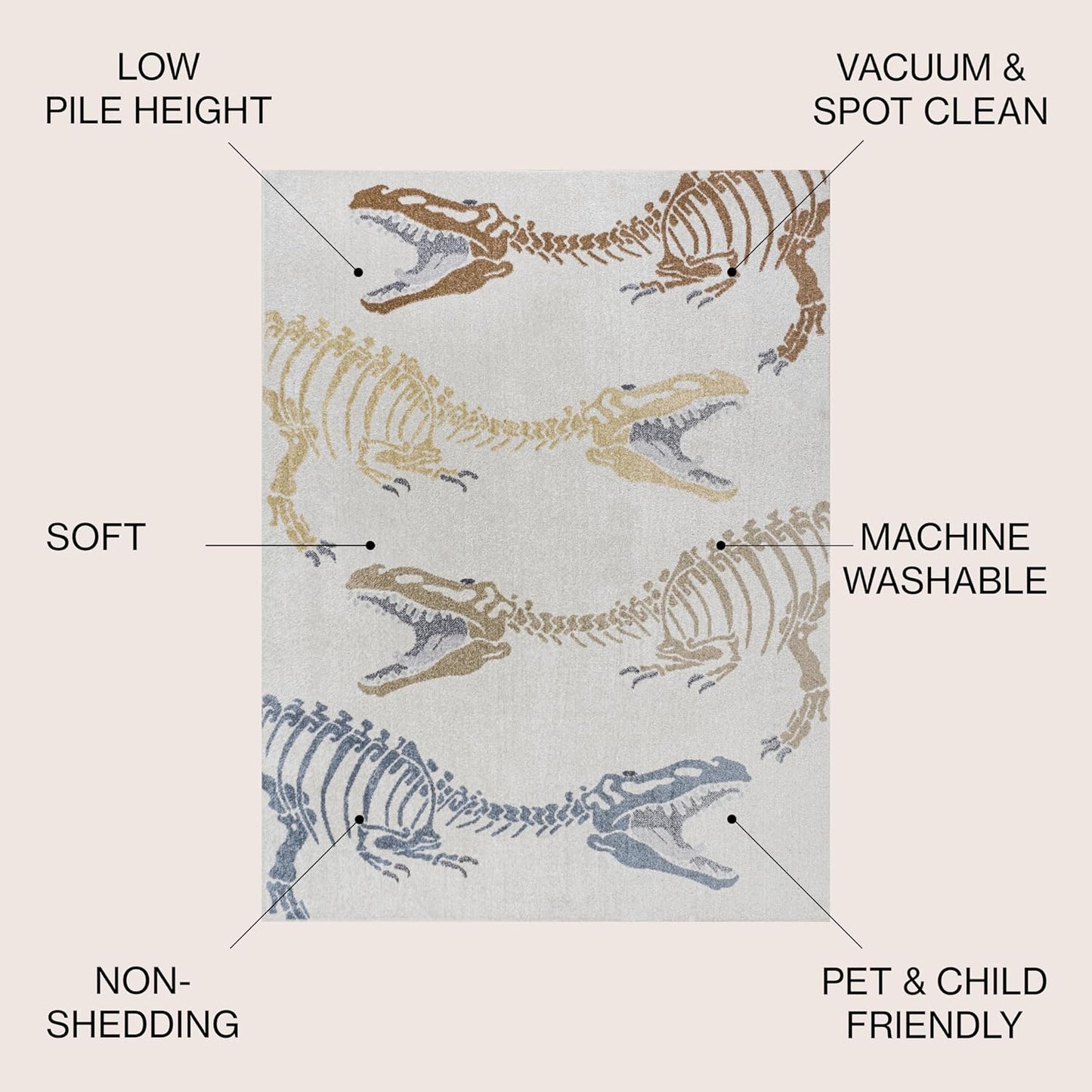 JONATHAN Y Machine-Washable Cream/Multi Indoor Area Rug, 3x5, Kingdarr T-Rex Modern, Casual, Kids & Novelty for Living Room, Dining Room, Bedroom, Kitchen Easy-Cleaning, Non-Shedding (KDW103A-3)