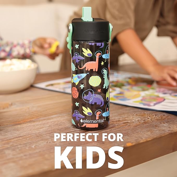 Elemental Leak Proof Water Bottles for Kids - Splash Kids Water Bottle for School with Fun Fidget Pop-it Handle - BPA Free Tritan Plastic Reusable Water Bottle with Straw - Space Dinosaur - 18oz