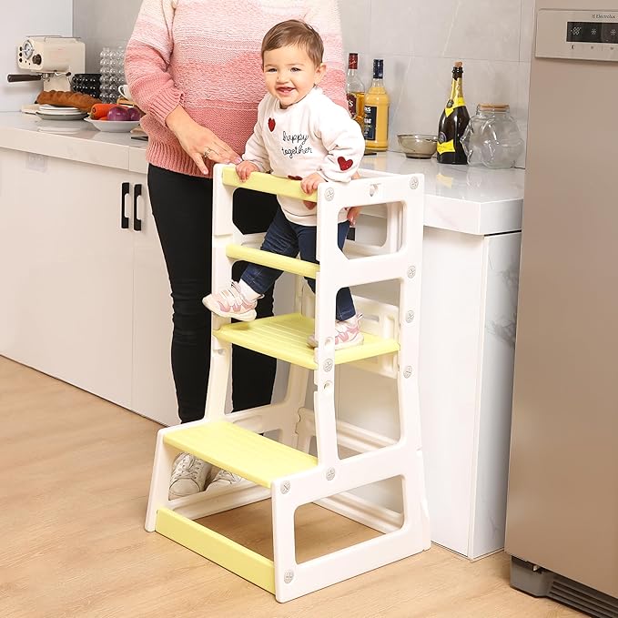 SDADI Mother's Helper Adjustable Height Plastic Kitchen Step Stool for Children, Kids Toddlers Counter Level Learning Stool for Kitchen & Bathroom, Beige and Yellow
