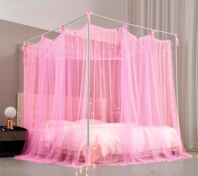 Mengersi Canopy Bed Curtains Bed Canopy with Lights for Girls, Bed Netting Unique Style 4 Door Mosquito Net for Adults Women Bedroom Decor (Pink+Lights, King)