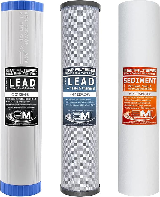 Applied Membranes Inc. 3-Stage Whole-House Water Filter Cartridge Replacements, Includes 20-Inch Sediment, Carbon, and Lead Filter Cartridges