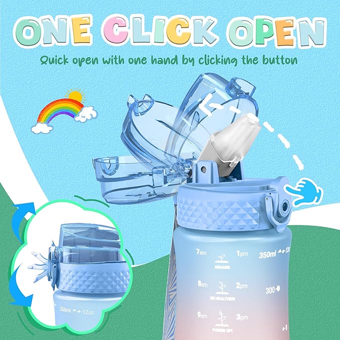 OLDLEY Kids Water Bottle for School, 12 oz (2 lids) BPA-Free Reusable Leak-proof Durable Tritan Plastic Water Bottles with Straw & Chug Lids, Anti-dust Spout Cover (Dreamland)