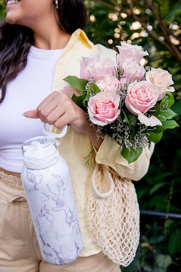 Ello Cooper 32oz Stainless Steel Water Bottle with Straw and Carry Handle, Double Walled and Vacuum Insulated Metal, Leak Proof Locking Lid with Soft Silicone Spout, Reusable, BPA Free, White Marble