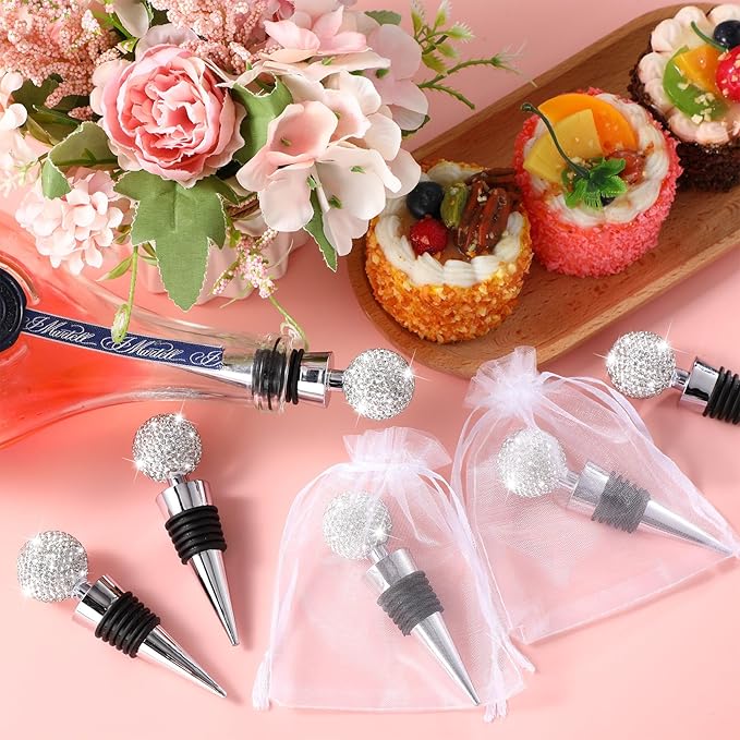 Crystal Wine Bottle Stopper Diamond Wine Stoppers Reusable Zinc Alloy Silicone Beverage Saver Corks Wine Decorative Bottle Stoppers with Sheer Bags for Wedding Bar Gifts(Silver,12 Set)