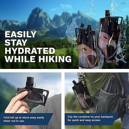 Survivor Filter 1L Black Collapsible Water Bottles - Travel, Hiking, Foldable, BPA-Free - 2 x 33oz