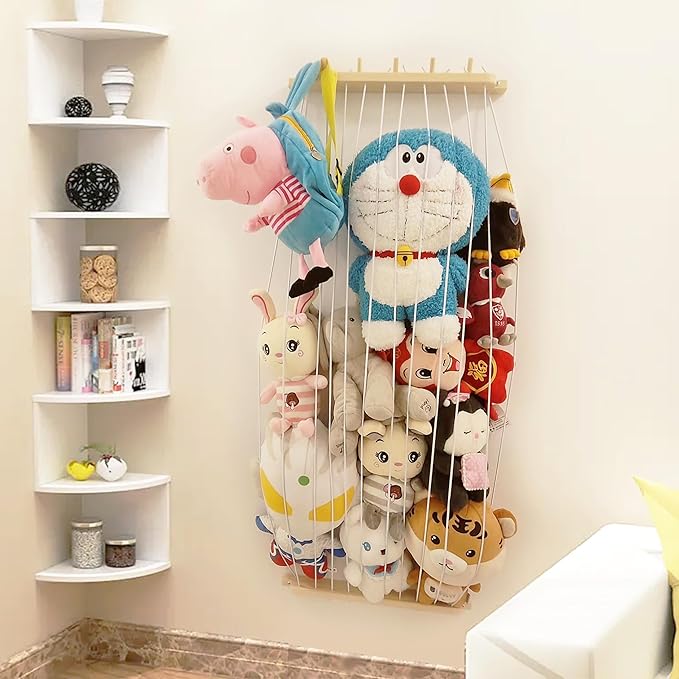 Stuffed Animal Storage Wood Plush Toys Holder with Hooks, Length Adjustable Hanging Stuffed Animal Toy Organizer Shelf for Nursery Kid Room Play Room Bedroom
